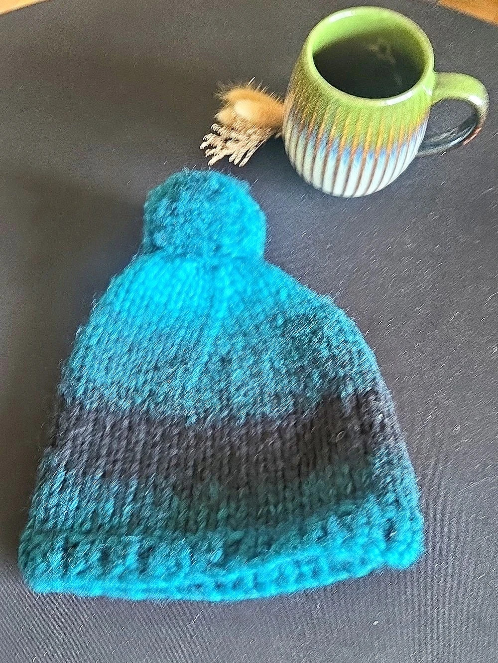 Color Block Pom Knit Hat in Blue & Black Like New Star Trek Wardrobe S4 Toronto